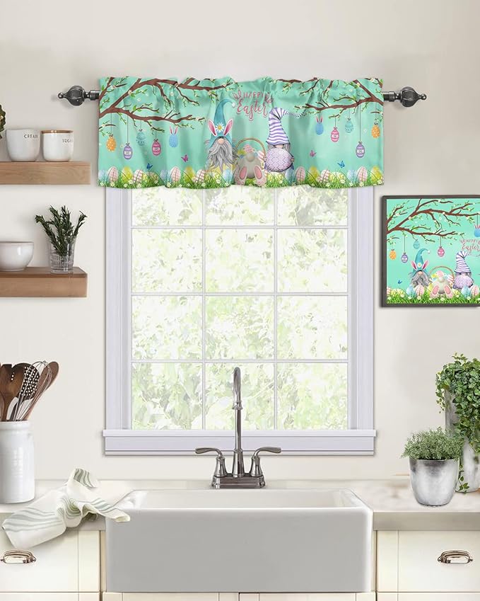 Easter Day Valances Kitchen Curtains for Windows, Easter Gnomes Bunny Tails Eggs Tree Rod Pocket Valances Green Spring Decorations Short Curtains for Bedroom/Living Room,54" X 18" -1 Panel