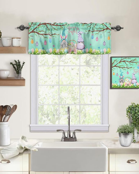 Easter Day Valances Kitchen Curtains for Windows, Easter Gnomes Bunny Tails Eggs Tree Rod Pocket Valances Green Spring Decorations Short Curtains for Bedroom/Living Room,54" X 18" -1 Panel