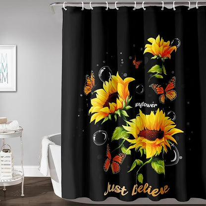 AILONEN Sunflower Shower Curtain for Bathroom,Butterfly Sunflower Bath Curtain Waterproof,Garden Yellow Flower Decor Bathroom Black Curtain with 12 Plastic Hooks, 72" W x 78" H