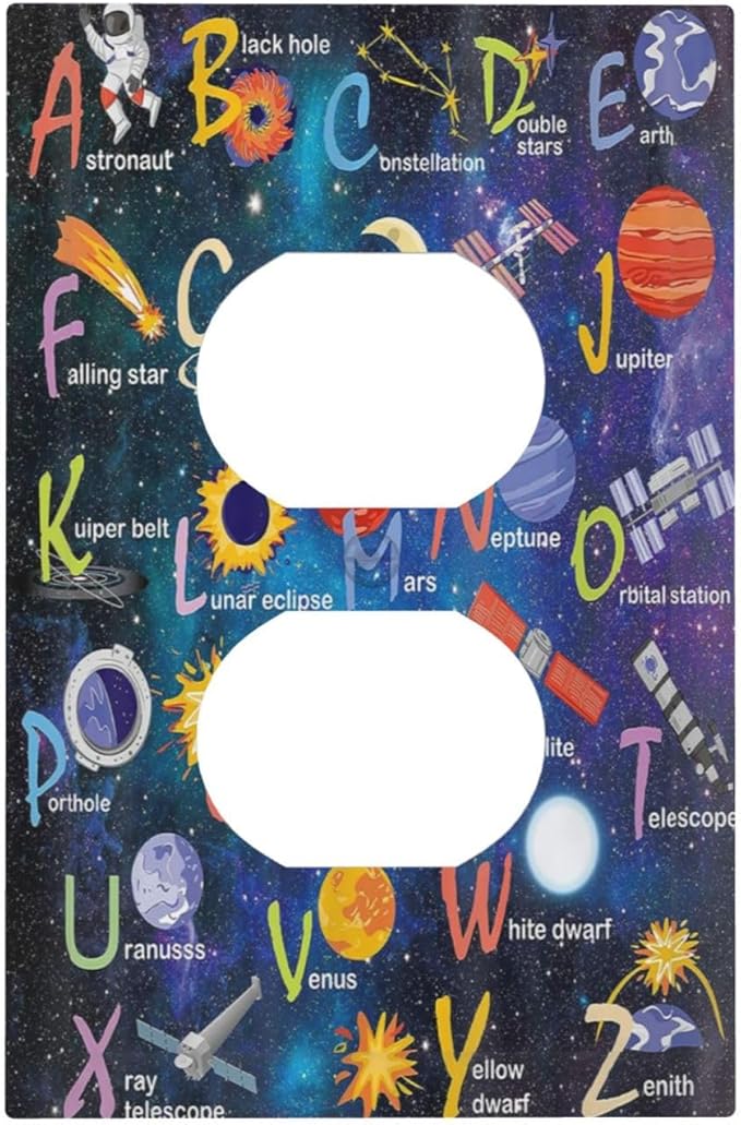 ABC Outer Space 1 Gang Outlet Plate Covers Decorative Single Duplex Wall Plate Alphabet Galaxy Electrical Receptacle Light Switch Cover Art Faceplate Switchplate for Kidroom Boyroom Livingroom Decor