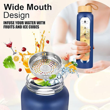 32 Oz Borosilicate Glass Water Bottle with Times to Drink | BPA Free - Reusable Wide Mouth Glass Motivational Water Bottles with Infuser & Silicone Sleeve (dark blue)