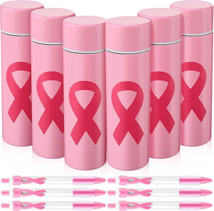 6 Pcs Breast Cancer Awareness Gifts Mini Thermal Stainless Steel Water Bottle With Pink Ribbon Pens 4.4 Oz Pink Ribbon Water Bottle Woman Inspirational Gift for Survivor (Pink)