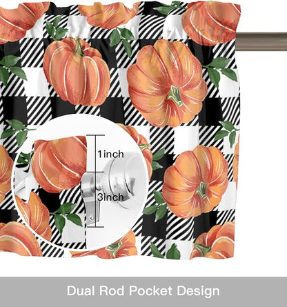 Fall Kitchen Curtains Valances for Windows Thanksgiving Halloween Pumpkins Rod Pocket Window Treatment for Kitchen /Living Room/Bedroom/ Bathroom,42" X 12", Farmhouse Black White Buffalo Plaid
