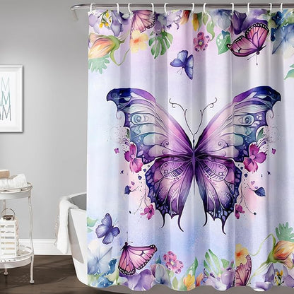 AILONEN Butterfly Shower Curtain for Bathroom, Purple Butterfly Bath Curtain Decor,Modern Printed Waterproof Shower Curtain with 12 Plastic Hooks (Kids/Girls/Women/Teen/) 48" W*72" H