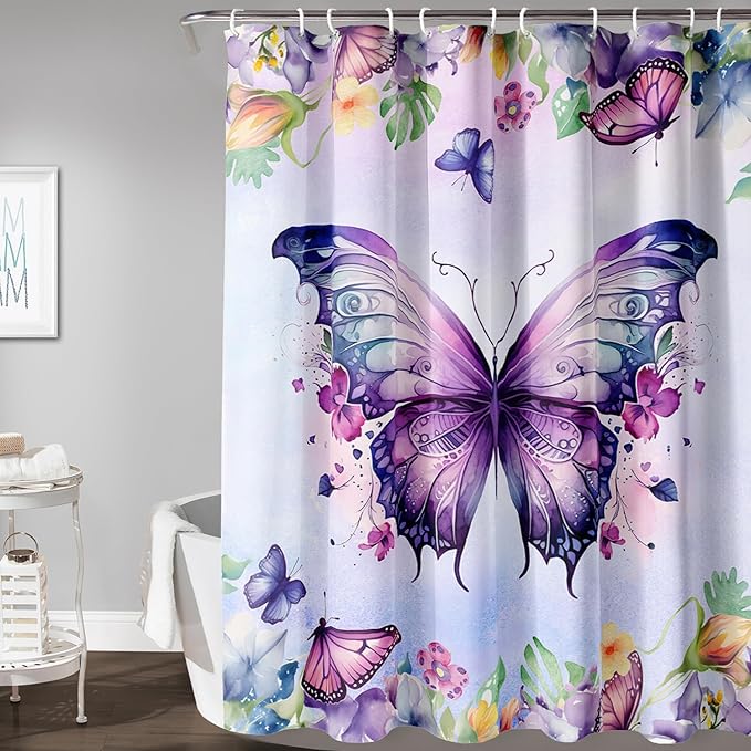 AILONEN Butterfly Shower Curtain for Bathroom, Purple Butterfly Bath Curtain Decor,Modern Printed Waterproof Shower Curtain with 12 Plastic Hooks (Kids/Girls/Women/Teen/) 72" W*84" H