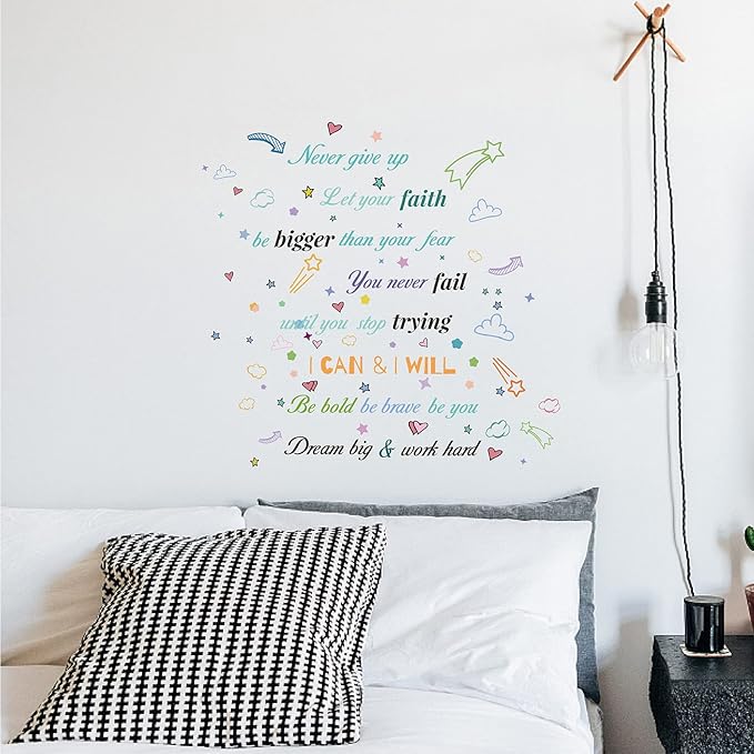 CREATCABIN 4pcs Vinyl Wall Decals Inspirational Quotes Wall Stickers Self-Adhesive Peel and Stick Watercolor Mural Decoration for Bedroom Living Room Kitchen Wardrobe Door Playroom Classroom