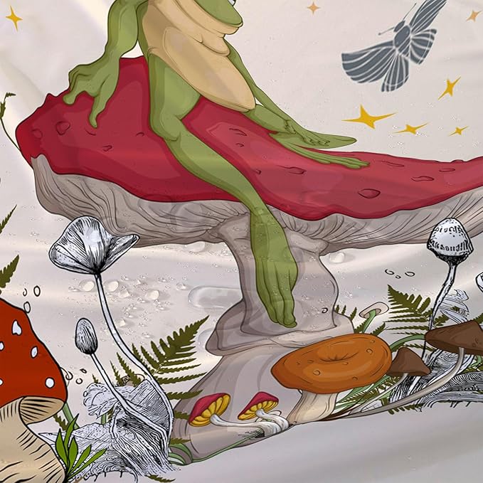 AILONEN Frog Mushroom Shower Curtain Cartoon Animal Wildlife Red Mushroom Boho Aesthetic Minimalist Modern Art Bathroom Decor 72" W*84" H Shower Curtains with 12 Hooks