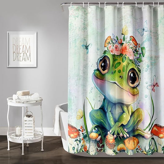 AILONEN Cute Frog Shower Curtain Cartoon Animal Wildlife Frog Cartoon Mushroom Minimalist Modern Art Retro Green Shower Curtain Bathroom Decor Curtains with 12 Hooks 36" W*72" H