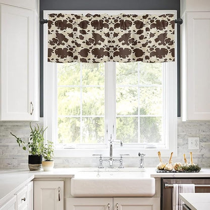 Cow Print Farmhouse Valances Kitchen Curtains for Window, Brown Graffie Print Rod Pocket Valances Beige Short Country Curtains for Bedroom Decor,54" X 18" -1 Panel