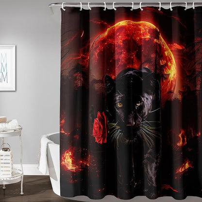 AILONEN Black Panther Shower Curtain,Evening Moon Flame Leopard Bath Curtain for Kids Men,Wildlife Animal Polyester Waterproof with 12 Plastic Hooks 72" W*84" H