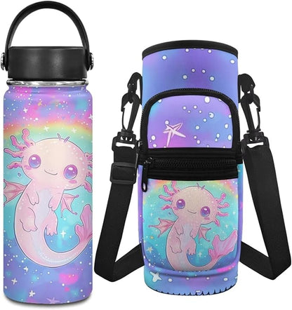 Axolotl Insulated Water Bottle for Kids 20 OZ Salamander Water Bottle Girls 6-8/8-10 Cute 2 Pcs Water Bottle Holder Carrier Sling Water Bottle Pouch Sleeve