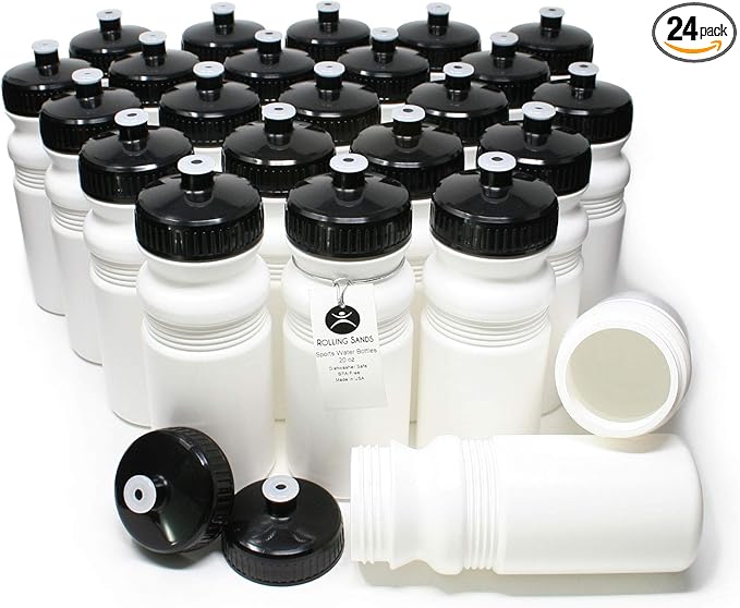 Rolling Sands 20 Ounce Sports Water Bottles 24 Pack, BPA-Free, Made in USA, Dishwasher Safe, White Bottles/Black Lids