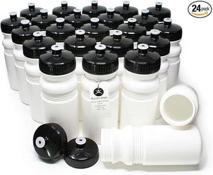 Rolling Sands 20 Ounce Sports Water Bottles 24 Pack, BPA-Free, Made in USA, Dishwasher Safe, White Bottles/Black Lids
