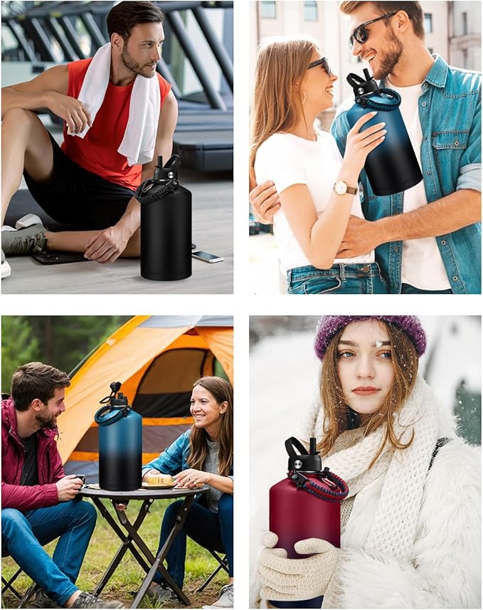 Half Gallon Water Bottle with Straw - Pop Up Lid, Carrying Pouch, Paracord Handle, Silicone Boot, 64 oz Water Bottle Triple Wall Thermal Mug Gallon Water Jug for Work School Home Sports Gym