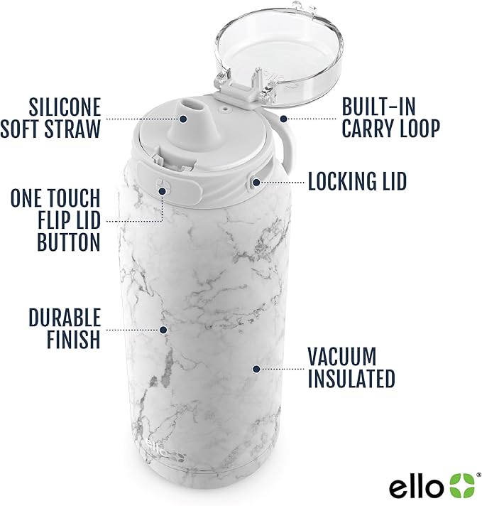 Ello Cooper 40oz Stainless Steel Water Bottle with Straw and Carry Handle, Double Walled and Vacuum Insulated Metal, Leak Proof Locking Lid with Soft Silicone Spout, Reusable, BPA Free, White Marble