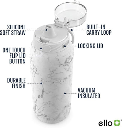 Ello Cooper 40oz Stainless Steel Water Bottle with Straw and Carry Handle, Double Walled and Vacuum Insulated Metal, Leak Proof Locking Lid with Soft Silicone Spout, Reusable, BPA Free, White Marble