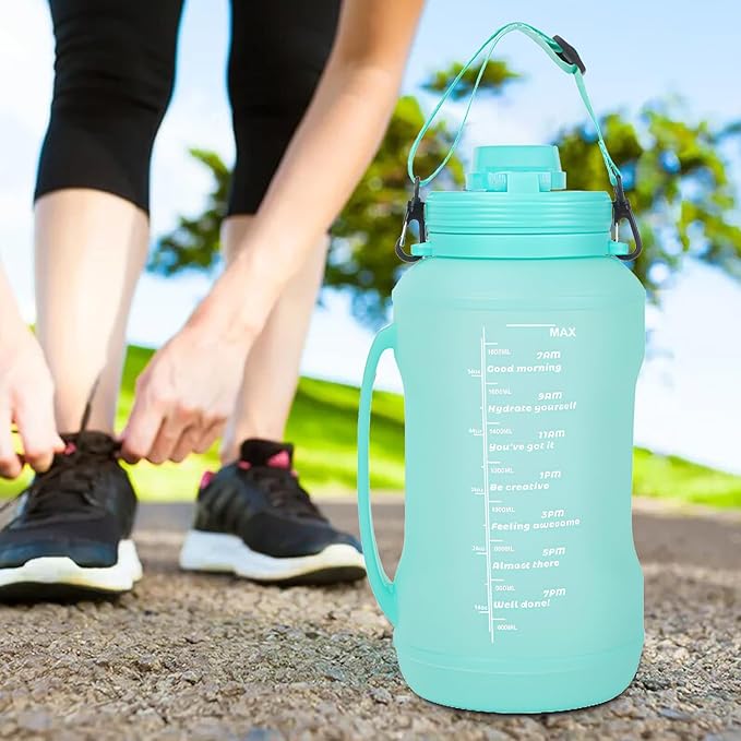 Collapsible 64oz Water Bottle with Handle & Straw - Spill-Proof Foldable Silicone Bottle for Men/Women (Cyan Color, 2L)