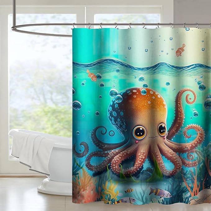 AILONEN Cute Cartoon Octopus Shower Curtain,Beautiful Sea World Theme theme Bath Curtain Cloth Fabric Bathroom 72" W*78" H Inch,12 Pack Hooks for Kids Child Sea Animal Bathroom Curtain