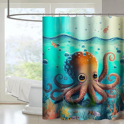 AILONEN Cute Cartoon Octopus Shower Curtain,Beautiful Sea World Theme theme Bath Curtain Cloth Fabric Bathroom 36" W*72" H Inch,12 Pack Hooks for Kids Child Sea Animal Bathroom Curtain