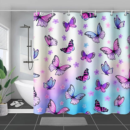 AILONEN Pink Butterfly Girls Shower Curtain for Bathroom Decor,Beautiful Floral Butterfly Women Butterfly Bath Curtain 36" W*72" H Polyester Waterproof Bathroom Curtain with 12 Hooks