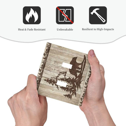 Rustic Wood Bear Forest Double Toggle Light Switch Cover Decorative Vintage Antique Cabin 2 Gang Wall Plate Electrical Faceplate Switchplate for Farmhouse Bathroom Bedroom Living Room Decor