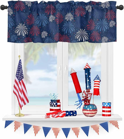 July 4th Kitchen Curtains Valances for Windows Fireworks Celebrate Patriotic Americana Stars Rod Pocket Window Treatment for Kitchen/Living Room/Bedroom/Bathroom, 42" X 12", Red, White and Blue