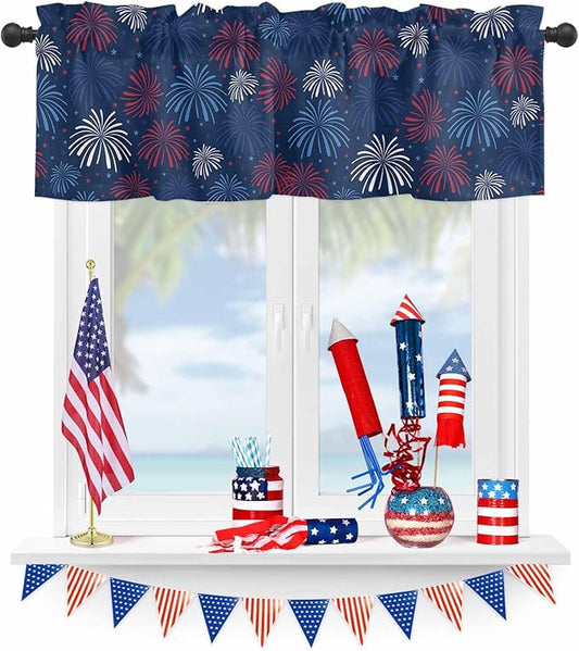 July 4th Kitchen Curtains Valances for Windows Fireworks Celebrate Patriotic Americana Stars Rod Pocket Window Treatment for Kitchen/Living Room/Bedroom/Bathroom, 42" X 12", Red, White and Blue