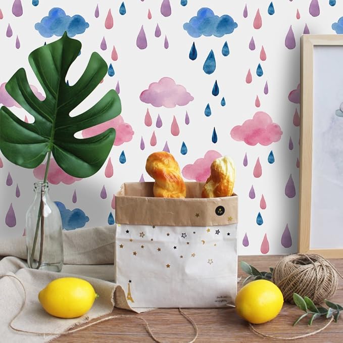 Amaonm Removable 15.8 x 98.4inch Rainbow Colorful Clouds and Raindrop Wall Decals DIY Wallpaper Wall Stickers Murals Decor for Kids Babys Girls Bedroom Teens Nursery Living Room Door Desk Decoration