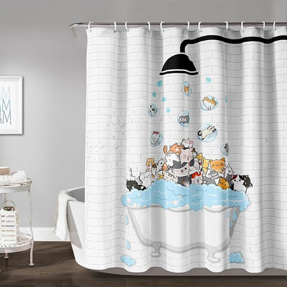 AILONEN Cute Cats Shower Curtain Raining for Kids 72" W*72" H Inch,Kawaii Hilarious Pet Playing Water Shower Curtain,12 Pack Hooks Polyester Waterproof Fabric Decor for Bathroom Bathtub Panels