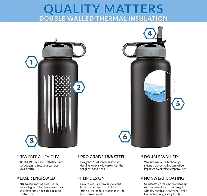 32oz American Flag Stainless Steel Insulated Water Bottle - Engraved USA Flag - American Flag Gift Set | Disabled USMC Vet Owned SMALL Business