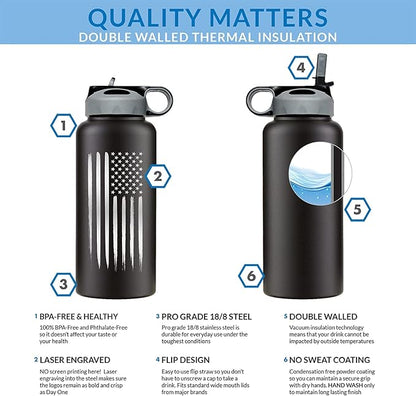 32oz American Flag Stainless Steel Insulated Water Bottle - Engraved USA Flag - American Flag Gift Set | Disabled USMC Vet Owned SMALL Business