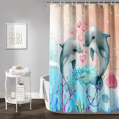 AILONEN Catrtoon Dolphin Shower Curtain Bathroom 72" W*96" H Kawaii Jumping Dolphin Curtain Cloth Fabric Bathroom for Kids Girls,Ocean Theme Shower Curtain Set