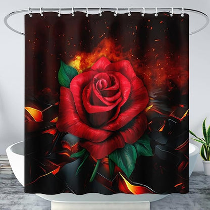 AILONEN Red Rose Shower Curtain for Bathroom, 3D Print Romantic Flower Bath Curtain,Modern Botanical Flame Fire Rose Flower Waterproof Shower Curtain Decoration with 12 Plastic Hooks, 36" W*72" H