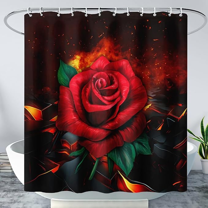 AILONEN Red Rose Shower Curtain for Bathroom, 3D Print Romantic Flower Bath Curtain,Modern Botanical Flame Fire Rose Flower Waterproof Shower Curtain Decoration with 12 Plastic Hooks, 72" W*72" H