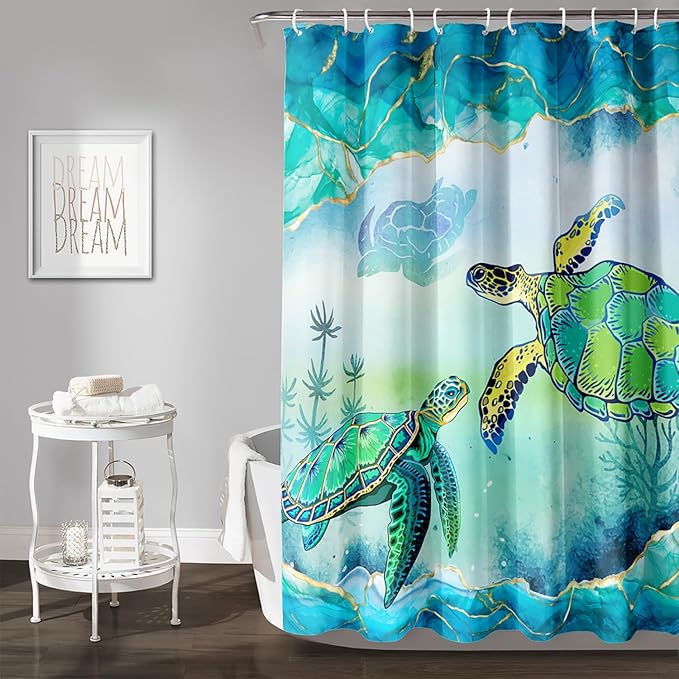 AILONEN Green Sea Turtle Shower Curtain,Cartoon Turtle and Water Plant Shower Curtain Set for Bathroom,Marble Theme Waterproof Fabric Shower Curtain with Hooks,72" W*84" H