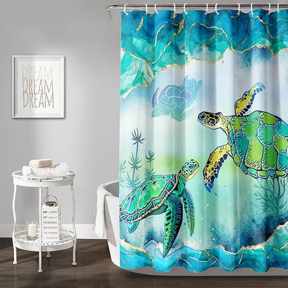 AILONEN Green Sea Turtle Shower Curtain,Cartoon Turtle and Water Plant Shower Curtain Set for Bathroom,Marble Theme Waterproof Fabric Shower Curtain with Hooks,72" W*84" H