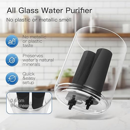 All Glass Water Purifier, Off Grid Home Emergency Water Filtration System - Gravity Fed Black Carbon Filter - 2.25 Gallon Water Filter- with 7 Inch Stand