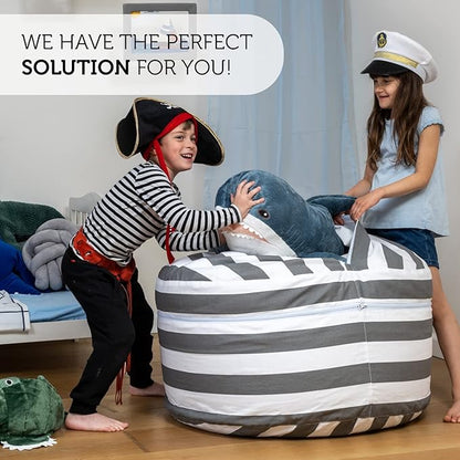 2 Sizes in 1 Stuffed Animal Storage Bean Bag Chair Cover for Kids & Adults | Washable XL Stuffie Seat | 100% Cotton | Pouf Organizer for Plush Toys, Linens, Quilts & Pillows | Royal Grey
