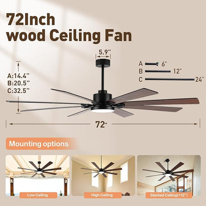 72Inch Large Ceiling Fan with Lights and Remote,Black Indoor & Outdoor Ceiling Fan for Living Room,Patio,6 Speed,Quiet DC Motor,3CCT,8 Wooden Blades