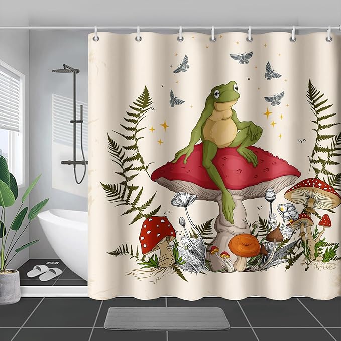 AILONEN Frog Mushroom Shower Curtain Cartoon Animal Wildlife Red Mushroom Boho Aesthetic Minimalist Modern Art Bathroom Decor 72" W*72" H Shower Curtains with 12 Hooks