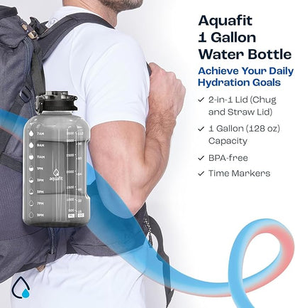 AQUAFIT 1 Gallon Water Bottle with Time Marker - BPA Free 128 oz Water Bottle with Straw, Gym Water Bottle with Handle, 1 Gallon Water Jug, Big Water Bottle, Large Water Bottle (Serenity)