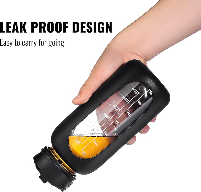 CIVAGO 32 oz Glass Water Bottle with Straw and Handle, Large Sports Motivational Water Bottle Flask with Time Marker and 2 Lids, Leakproof Water Jug Canteen with Silicone Sleeve for Gym White