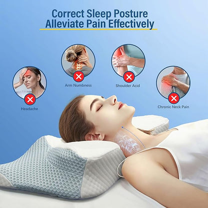 Aone Cervical Pillow for Neck and Shoulder Pain Relife, Memory Foam Neck Pillow with Breathable Pillowcase for Side Back Sleeping, Stomach Sleepers, Queen Size 25.5x14x5.9 Inches