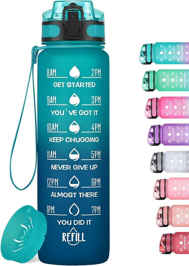 32oz Motivational Water Bottle with Time Marker & Fruit Strainer, Leak-proof BPA Free Non-Toxic Bottle with Carrying Strap, Perfect for Fitness, Gym and Outdoor Sports
