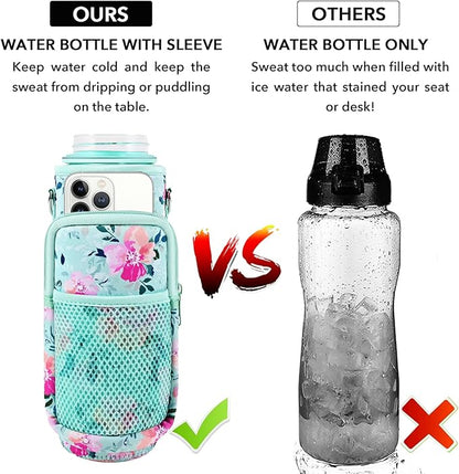32 oz Water Bottle with Straw and Sleeve, Motivational Water Bottle with Time Marker and Adjustable Shoulder Strap, BPA Free Leakproof Sport Water Jug for Hiking, Gym