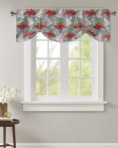 Red Truck Christmas Blackout Tie Up Valance Curtains for Kitchen Windows Merry Christmas Tree Window Toppers Balloon Shades for Living Room/Bathroom/Bedroom,1 Panel, 60" X 18", Winter Snowflake Grey