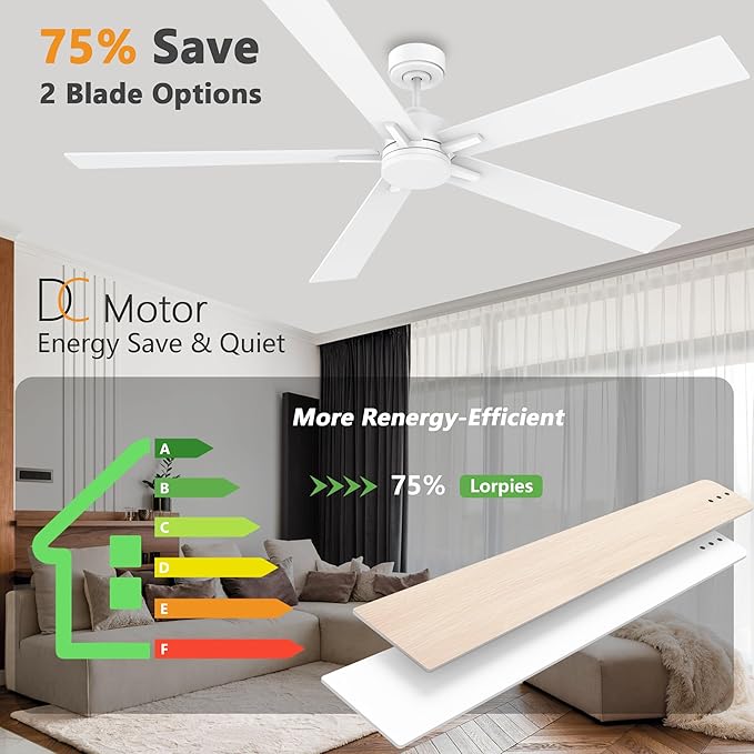 72" Large Smart Ceiling Fan with Lights Remote,Silent DC Motor,Control via Voice Alexa Google App,Outdoor Indoor Modern Ceiling Fans for Large Living Room Patios Decks,Dimmable,5 Blades in White&Wood