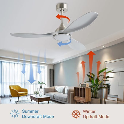 52 Inch Quiet DC Motor 6 Speed High CFM Modern Ceiling Fan with Lights Remote Control, 3 Blade Indoor Silver Ceiling Fan for Bedroom, Office, Living Room