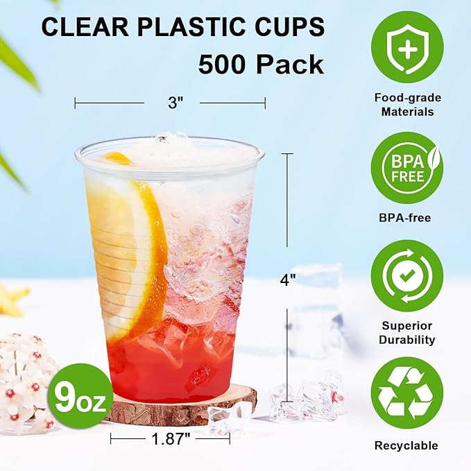 9 oz Plastic Cups, 500 Pack Clear Plastic Cups Disposable Water Cups, Cold Drink Cups Clear Cups for Party, Wedding, Graduation, Travel, Holiday, Events, Birthday