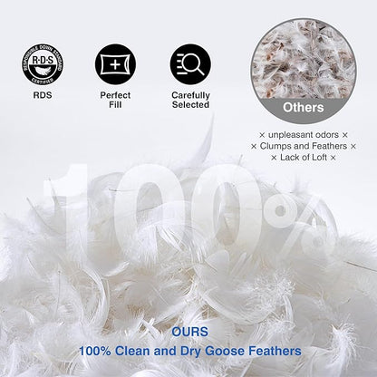 Goose Feather Bed Pillow for Sleeping - Hotel Down Pillows Queen Size Set of 1, Soft 600 Thread Count Cotton Cover, Fluffy Support Surround Fill Polyester for Back, Stomach, Side Sleepers